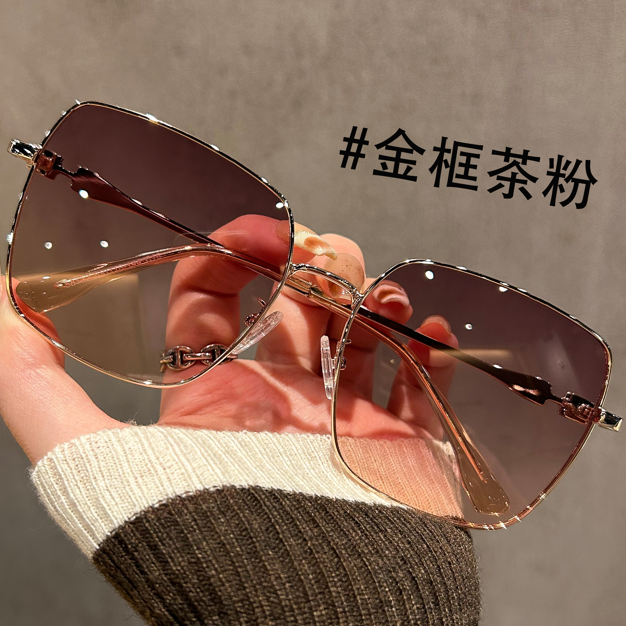 大框偏光茶色墨镜女款高级感适合方圆脸金属太阳镜开车防紫外线