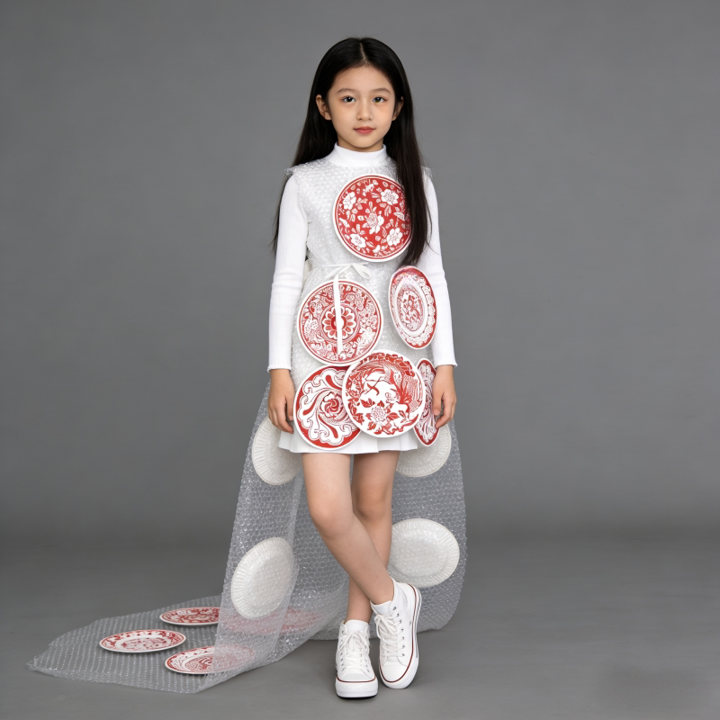 女童环保时装秀服装儿童气泡膜拖尾走秀中国风青花瓷手工diy衣服