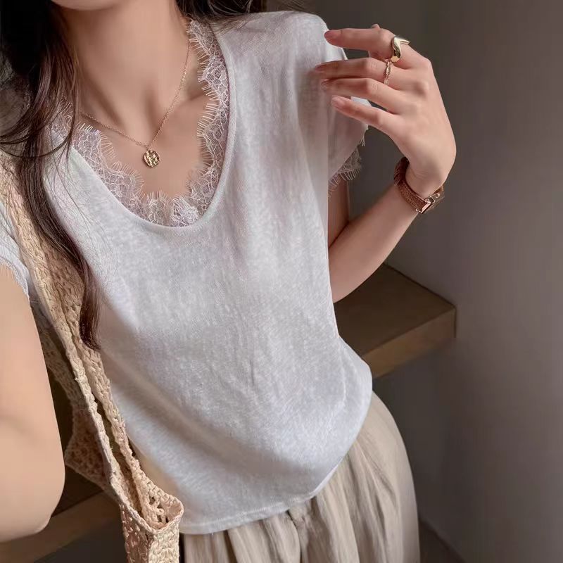 2026夏季新款蕾丝拼接V领短袖T恤女宽松休闲简约百搭显瘦洋气上衣