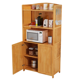 厨房置物架落地多层储物柜带门多功能收纳柜橱柜烤箱架竹微波炉架