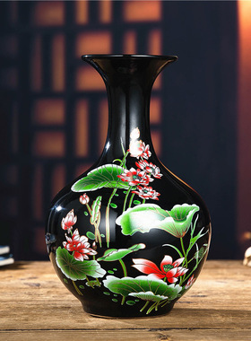 景德镇陶瓷器花瓶摆件客厅插花中式博古架乌金釉花瓶装饰小摆设品