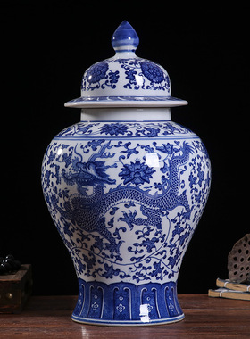 青花龙纹福筒中式景德镇陶瓷将军罐瓷器玄关客厅家居摆件工艺品