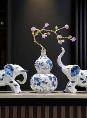 青花陶瓷夫妻大象摆件客厅电视柜酒柜办公室玄关乔迁装饰好礼家居