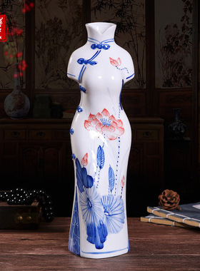 青花瓷器旗袍人物摆件景德镇陶瓷器工艺品中式家居客厅饰品纯手工