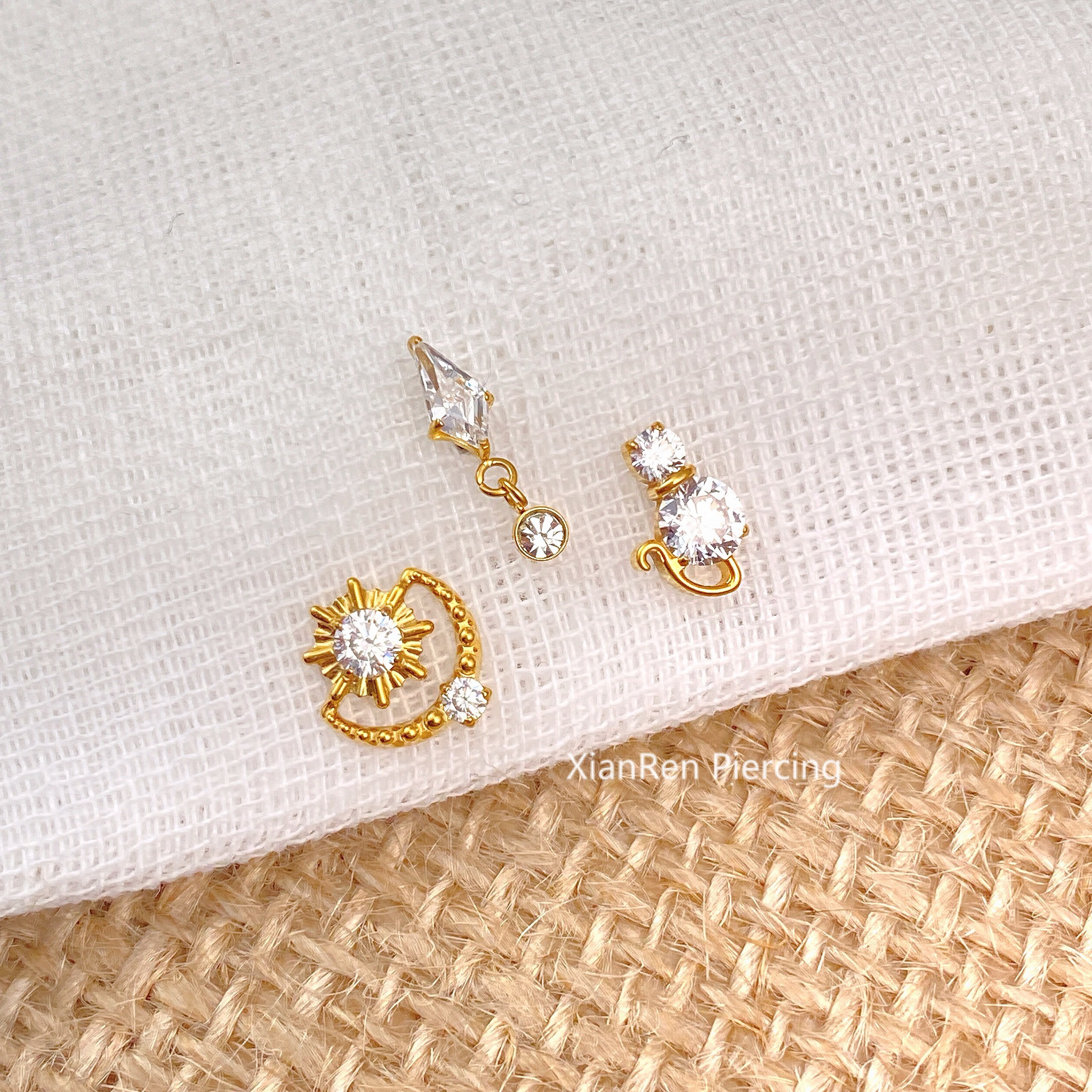 仙人 钛合金“Solara”耳钉/耳骨钉 内螺纹镀金耳钉16G耳蜗钉