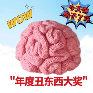 搞怪粉色大脑子帽秋冬手工针织毛线创意个性 脑花沙雕头套学生玩具