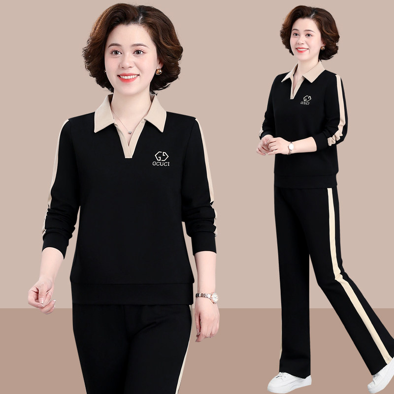 中年妈妈运动套装春秋新款休闲秋装洋气上衣中老年女装两件套卫衣