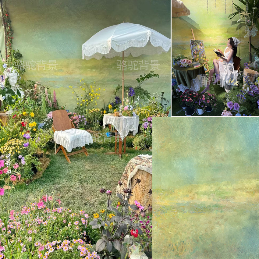 黄绿肌理油画网红拍照背景布莫奈花园童话森林少女写真拍照背景纸