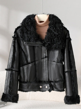 羊卷毛皮毛一体大衣拼接兔毛2025冬短款小个子机车海宁皮草外套女