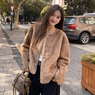 2025冬季水貂绒中古貂小个子年轻短款皮毛一体大衣环保皮草外套女