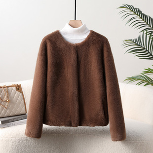 2025秋冬新款 皮毛一体保暖加厚大衣 仿水貂环保皮草外套女貂绒短款