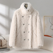 2025冬季 卷毛羊羔毛休闲宽松双排扣皮毛一体羊剪绒大衣女皮草外套