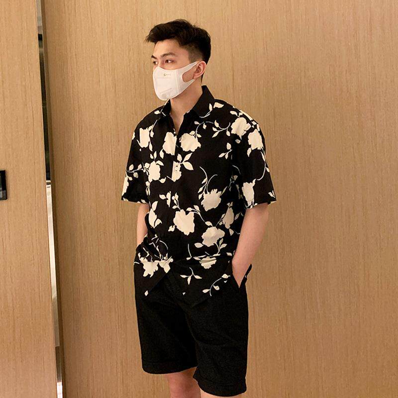 时尚潮牌夏季新款宽松休闲半袖花衬衫男高级品质痞帅黑色短袖衬衣