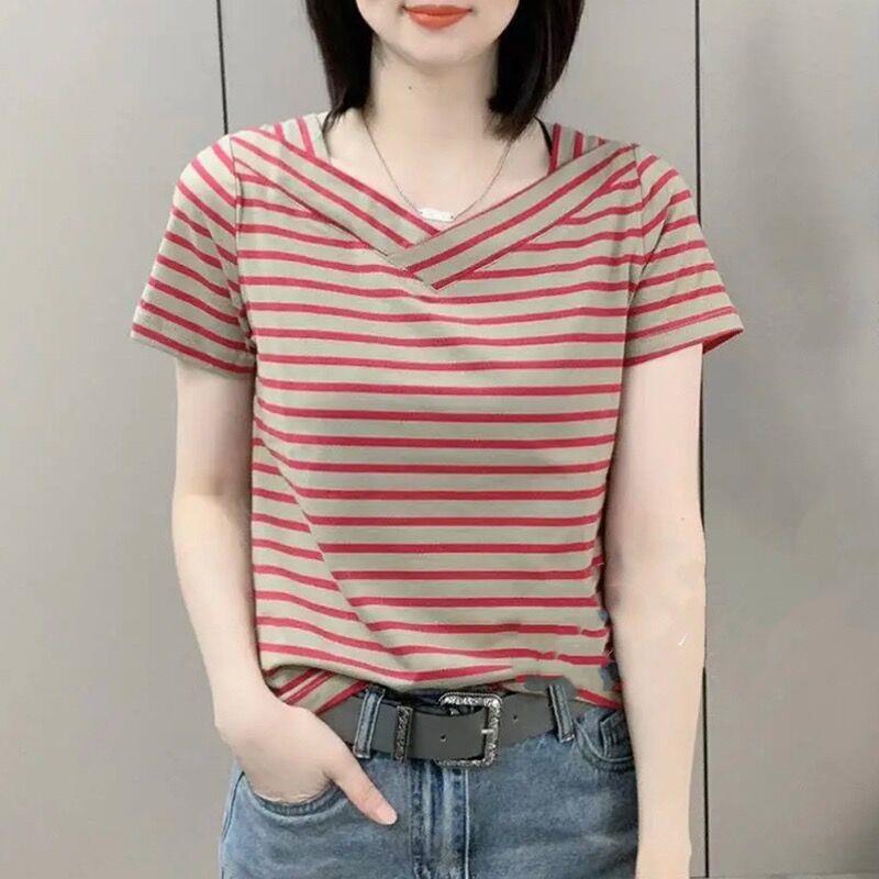 韩国2025夏季新款短袖t恤女休闲条纹韩版洋气百搭显瘦宽松上衣潮