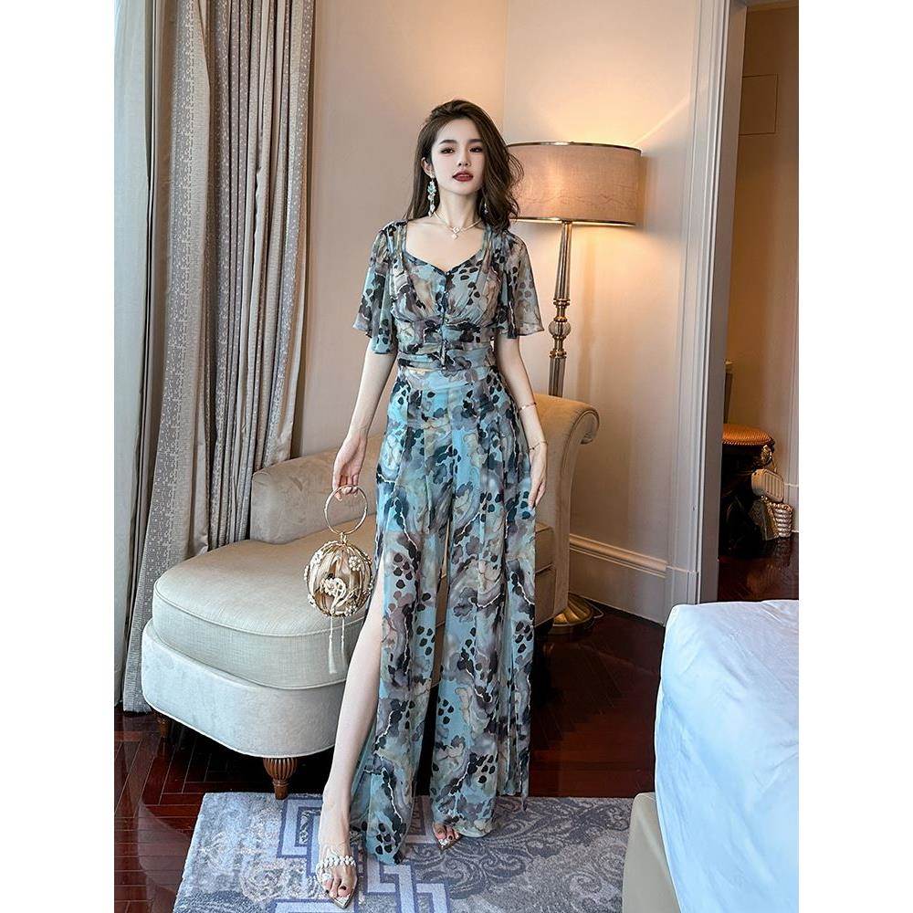 潮牌2025年夏季新款女装法式气质名媛时尚高级感上衣阔腿裤两件套