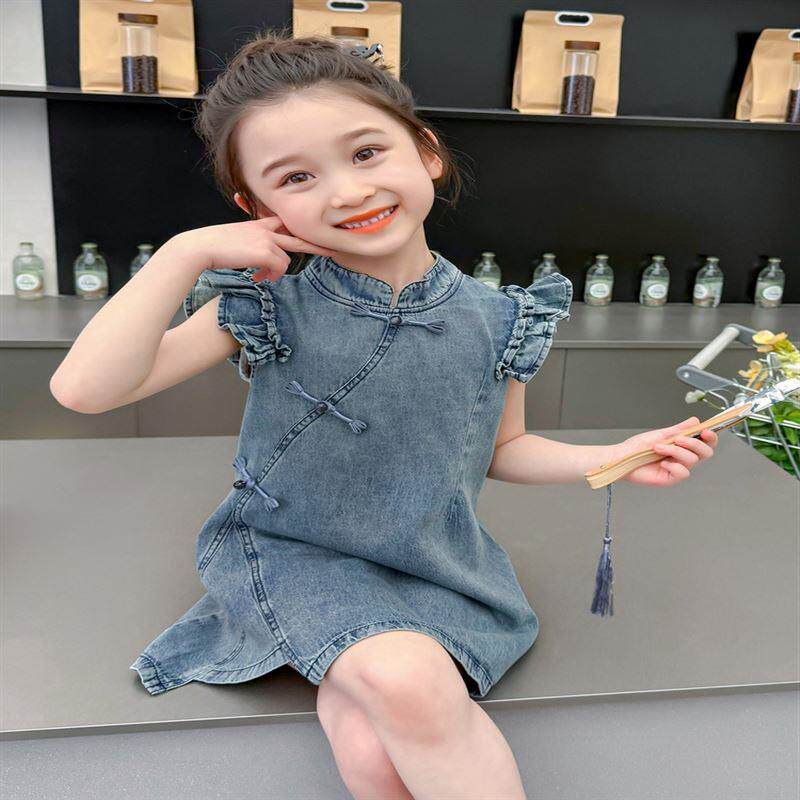 韩版女童牛仔连衣裙夏装汉服旗袍儿童夏季公主复古中国风唐装裙子