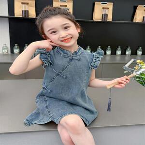 韩版女童牛仔连衣裙夏装汉服旗袍儿童夏季公主复古中国风唐装裙子