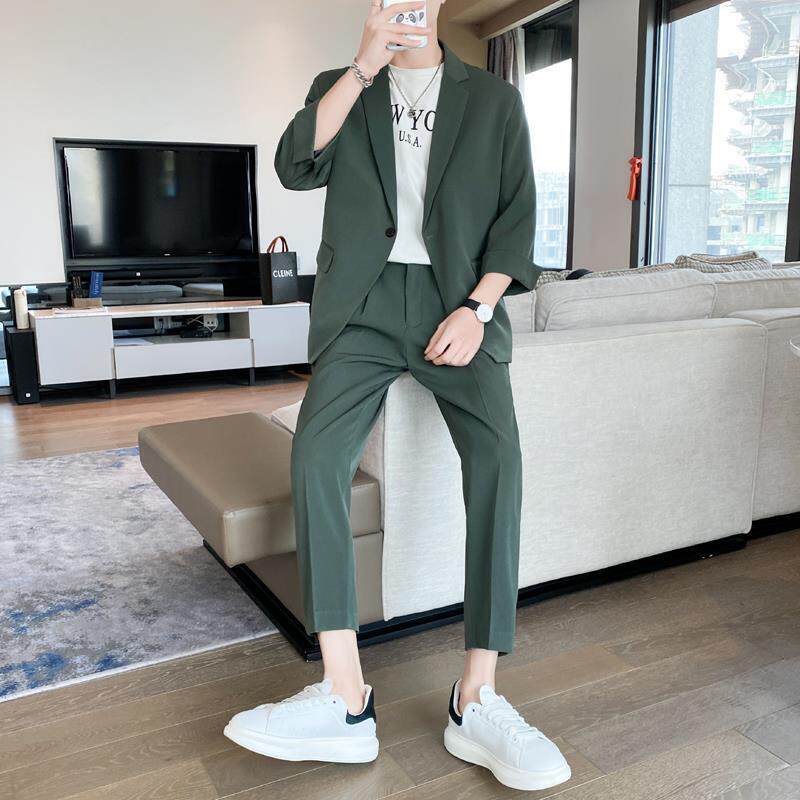 七分袖西服套装男士2025夏季新款高级宽松痞帅小西服九分裤子