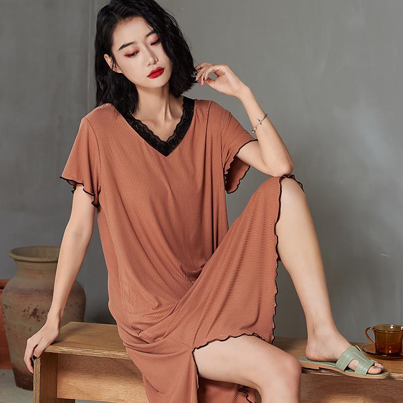 夏季薄款莫代尔睡裙女长款短袖甜美木耳边性感蕾丝V领宽松睡裙女