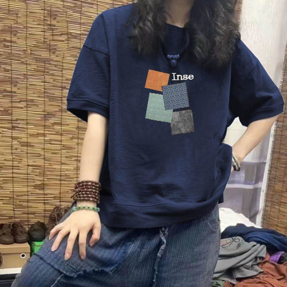 纯棉短袖T恤女2024春夏装新款圆领ins印花宽松大码显瘦半袖上衣薄
