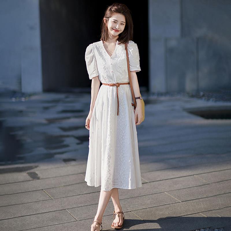 欧洲站2025夏季女装新款法式高级感茶歇桔梗裙长款显瘦白色连衣裙