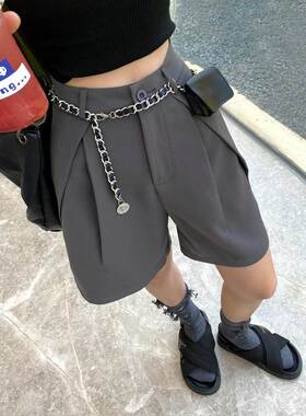 韩国灰色西装短裤女夏季新款时尚通勤直筒中裤显瘦高腰五分休闲裤
