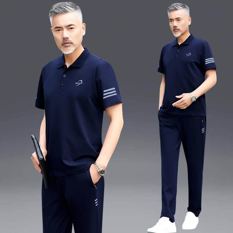 爸爸夏装套装中老年男士短袖t恤夏季2024运动休闲时尚父亲节衣服