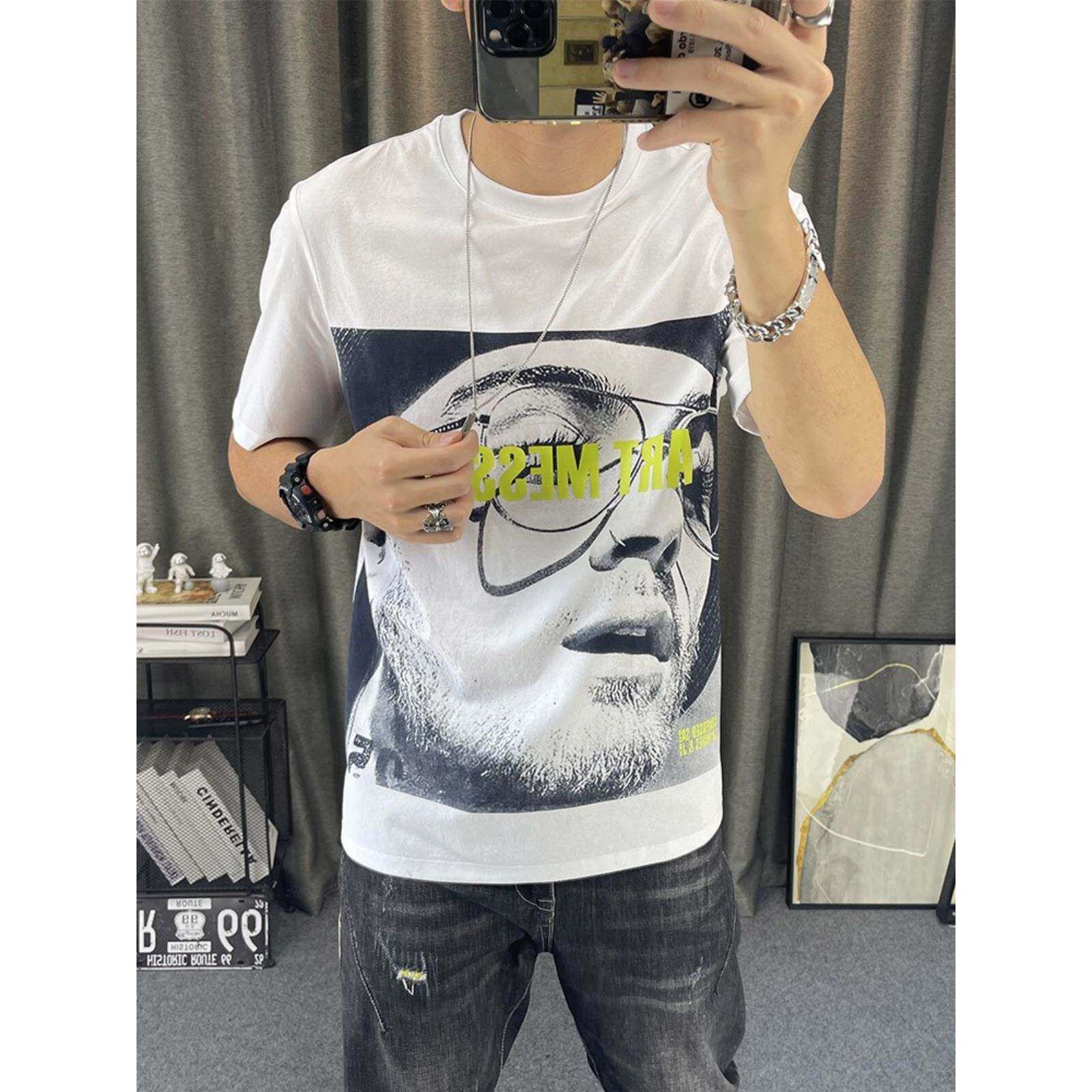 潮牌衫夏季衣服高端半袖修身上衣短袖t恤男个性卡通人物印花t体恤