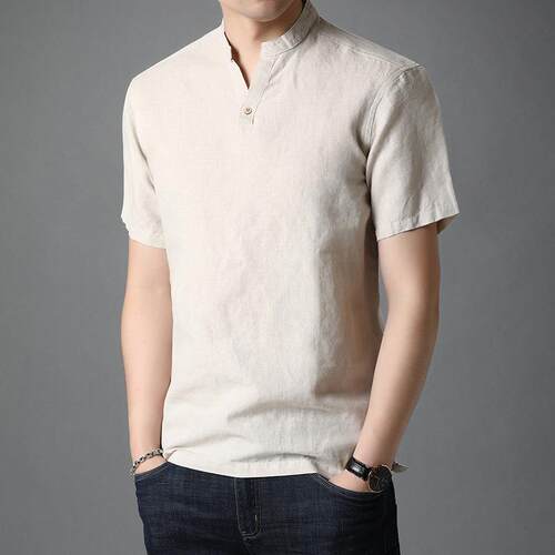home daily 高能装，优雅中国风！V领亚麻短袖T恤男夏季棉麻衣服