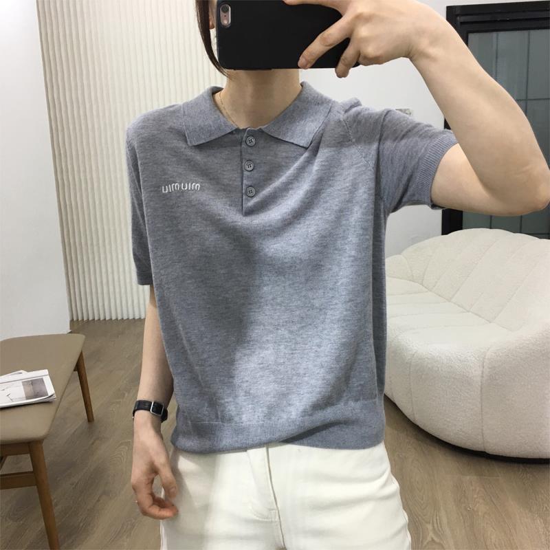 韩国polo领冰丝针织短袖T恤女夏季新款简约风高级感刺绣休闲上衣