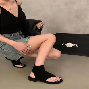 夏季 女西部牛仔靴女靴子 真皮复古粗跟夹趾凉靴女2025新款 罗马凉鞋