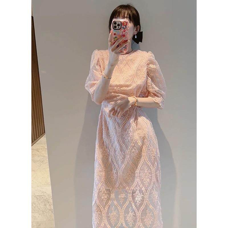 欧洲站2025夏装新款蕾丝气质有女人味的连衣裙轻奢高级感过膝长裙
