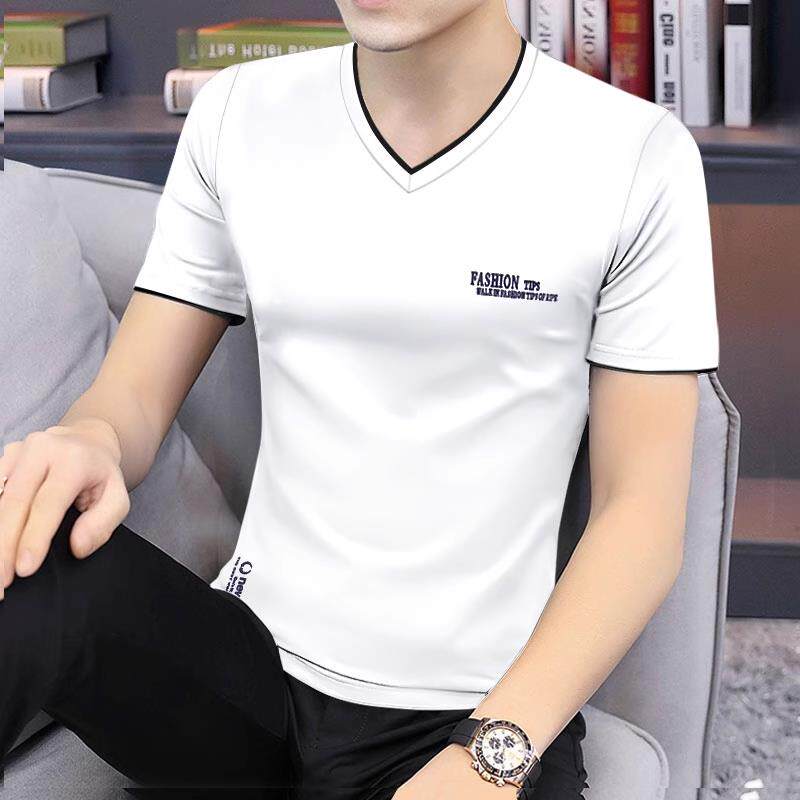 莫代尔冰丝短袖t恤男士夏季薄款高端潮流V领白色半袖速干衣服