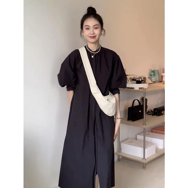 欧洲站2025新款法式赫本风黑色长裙子显瘦泡泡袖遮肚子连衣裙女夏