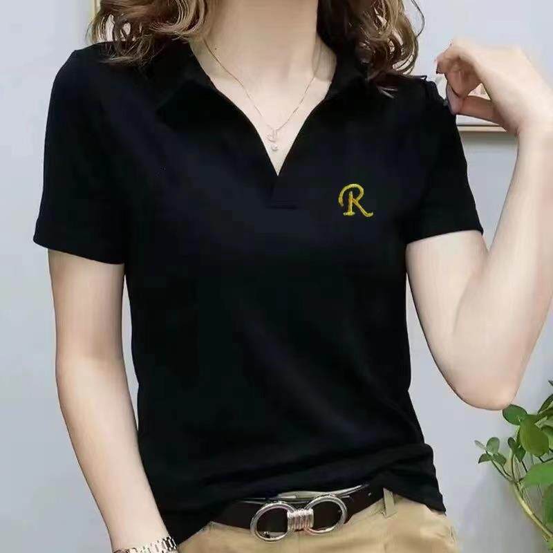 香港TIMO弹力纯棉短袖t恤女夏V领修身显瘦百搭polo衫翻领妈妈上衣
