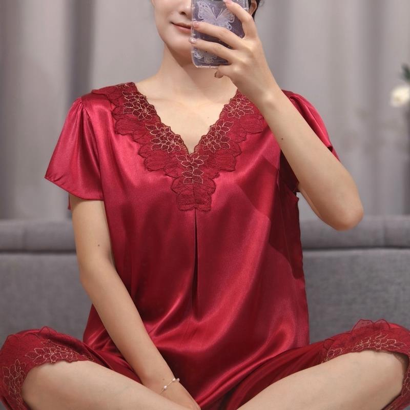 薄款真丝睡衣女夏短袖红色本命年大码桑蚕丝妈妈家居服母亲节礼物
