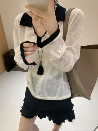 欧货薄款慵懒风天丝亚麻撞色翻领长袖防晒衣女夏季宽松显瘦薄上衣