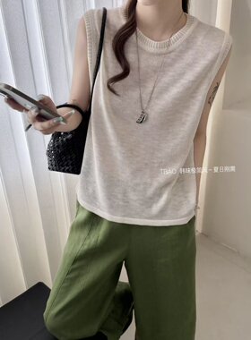 天丝亚麻无袖针织衫女夏季显瘦