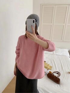 女秋冬宽松显瘦套头毛衣潮 针织衫 欧韩简约纯色大版 全羊毛圆领长袖
