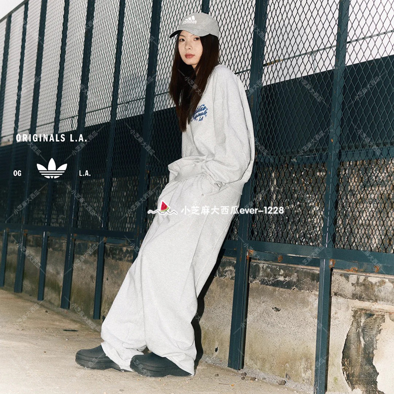 adidas三叶草Santa Monica情侣款廓形设计宽松运动休闲长裤JX6164