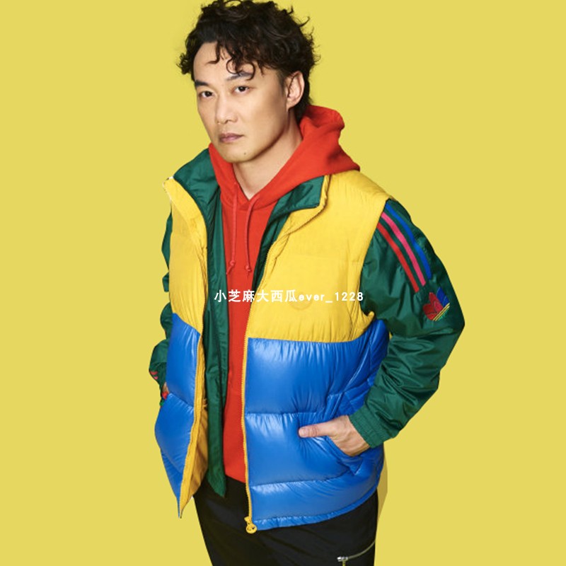 adidas三叶草专柜正品陈奕迅撞色拼接男运动羽绒马甲ge1284ge1327