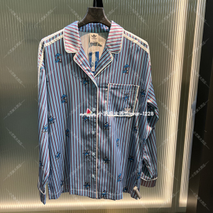 adidas三叶草圣诞款女子条纹卡通图案休闲运动长袖衬衫HY4571