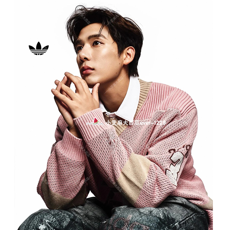 adidas三叶草宽松V领针织衫毛衣