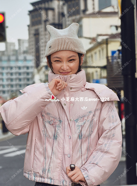 adidas三叶草女子FK短款牛仔印花运动鸭绒连帽羽绒服KC2634KC2635