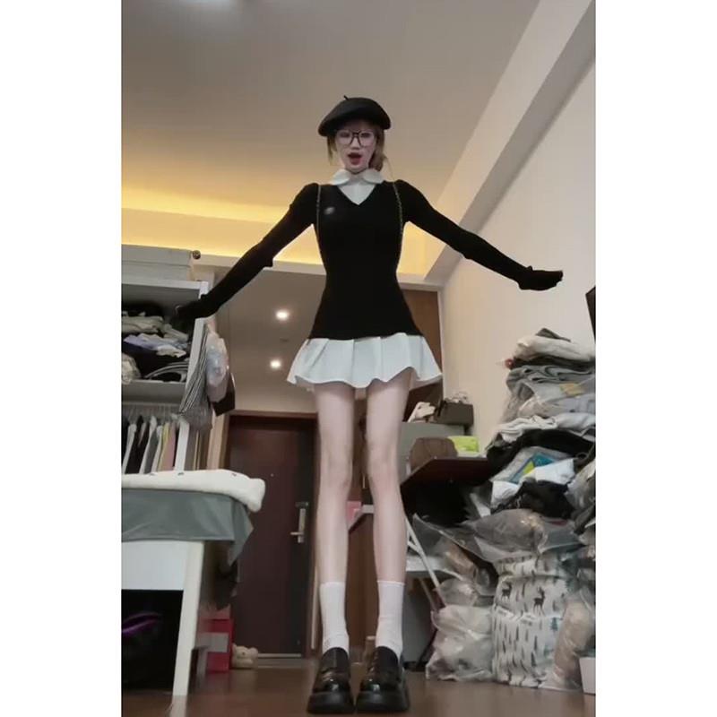 翻领撞色拼接针织百褶连衣裙女秋冬学院风修身a字裙修身显瘦裙子