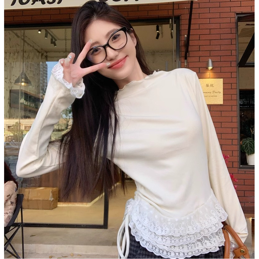 韩系杏色半高领长袖T恤女秋蕾丝内搭打底衫短款上衣米杏色