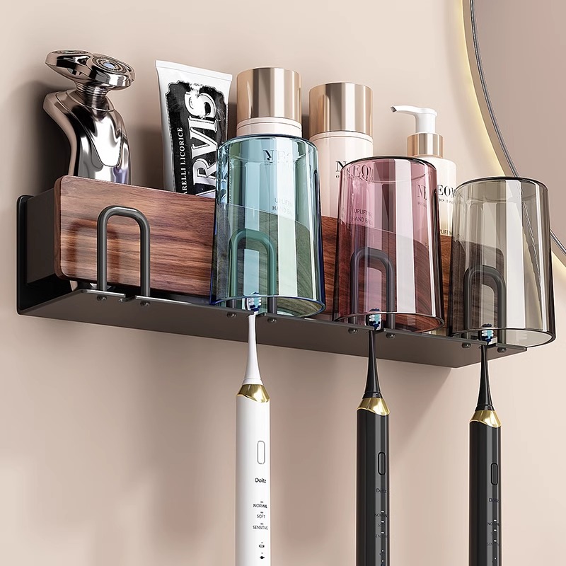 胡桃木免打孔牙刷架子置物架电动牙刷支架牙杯壁挂架洗漱口杯挂架