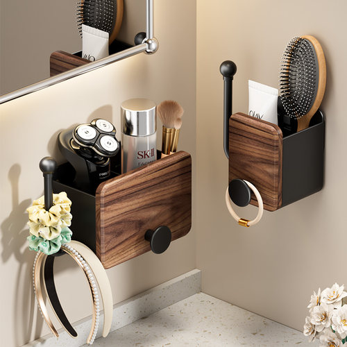 胡桃木梳子置物架浴室牙膏牙刷收纳筒壁挂式上墙发箍发圈收纳神器