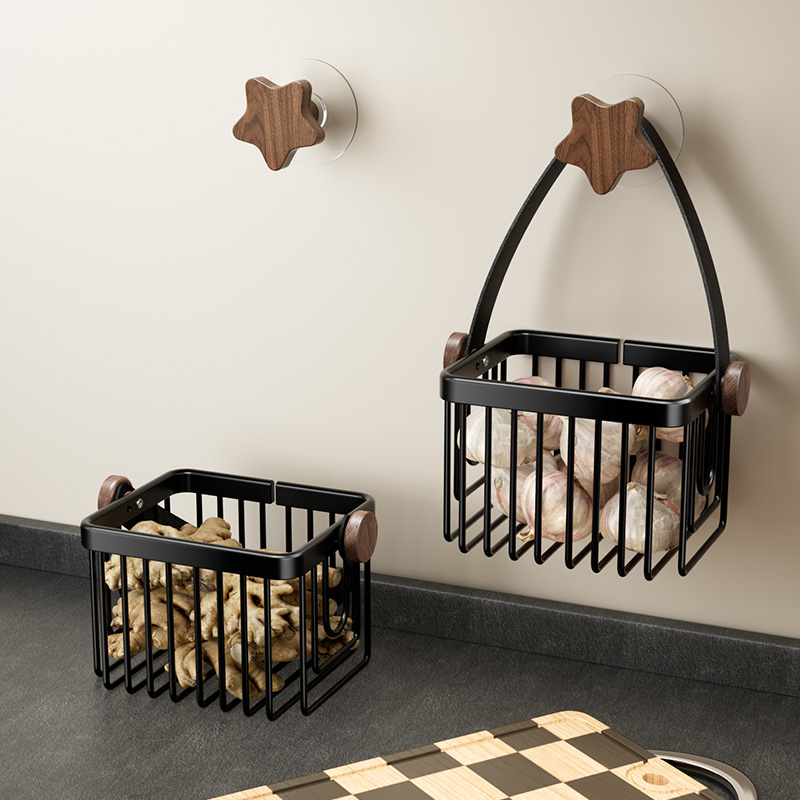 胡桃木免打孔厨房姜蒜收纳筐壁挂篮台面太空铝葱蒜头鸡蛋收纳篮子