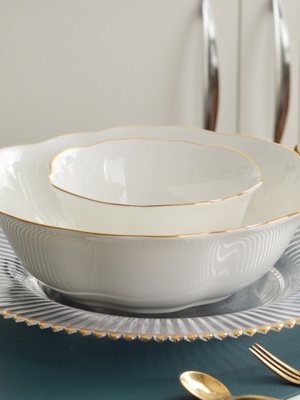 金边白色餐具骨瓷碗5英寸沙拉碗9英寸大汤碗面碗欧式造型炖菜大碗